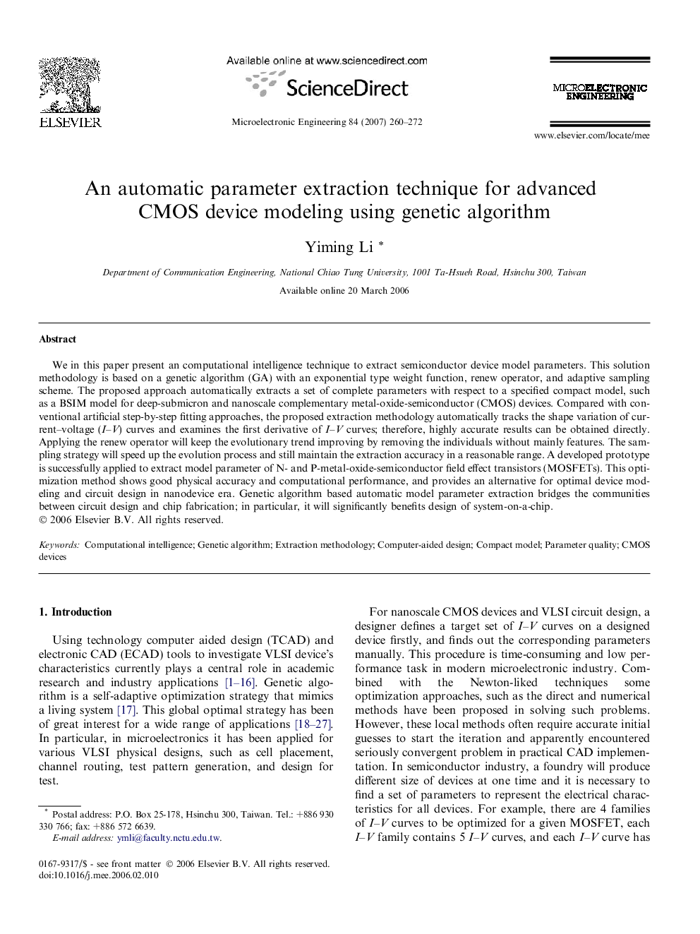 An automatic parameter extraction technique for advanced CMOS device modeling using genetic algorithm