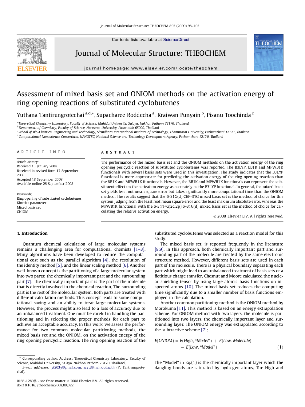 Assessment of mixed basis set and ONIOM methods on the activation energy of ring opening reactions of substituted cyclobutenes