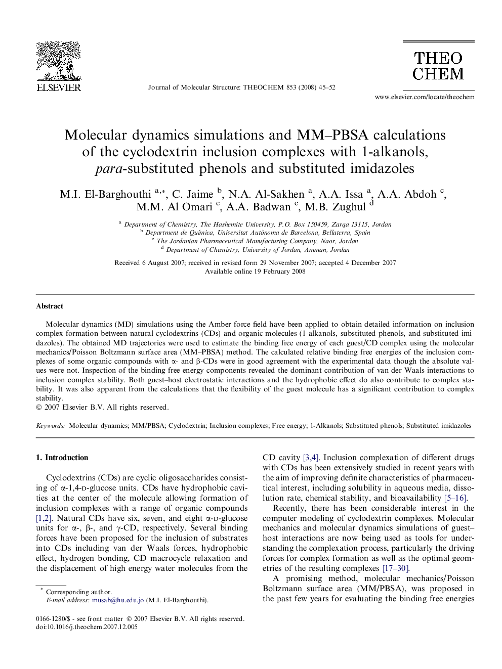 Molecular dynamics simulations and MM-PBSA calculations of the cyclodextrin inclusion complexes with 1-alkanols, para-substituted phenols and substituted imidazoles