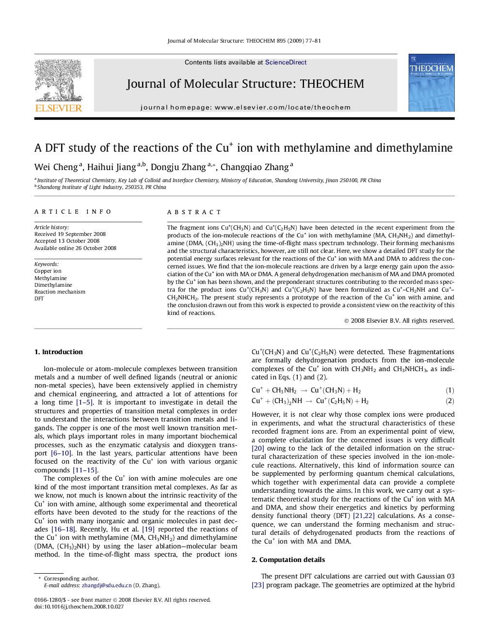 A DFT study of the reactions of the Cu+ ion with methylamine and dimethylamine