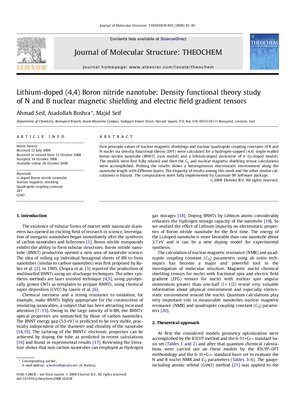 Lithium-doped (4,4) Boron nitride nanotube: Density functional theory study of N and B nuclear magnetic shielding and electric field gradient tensors