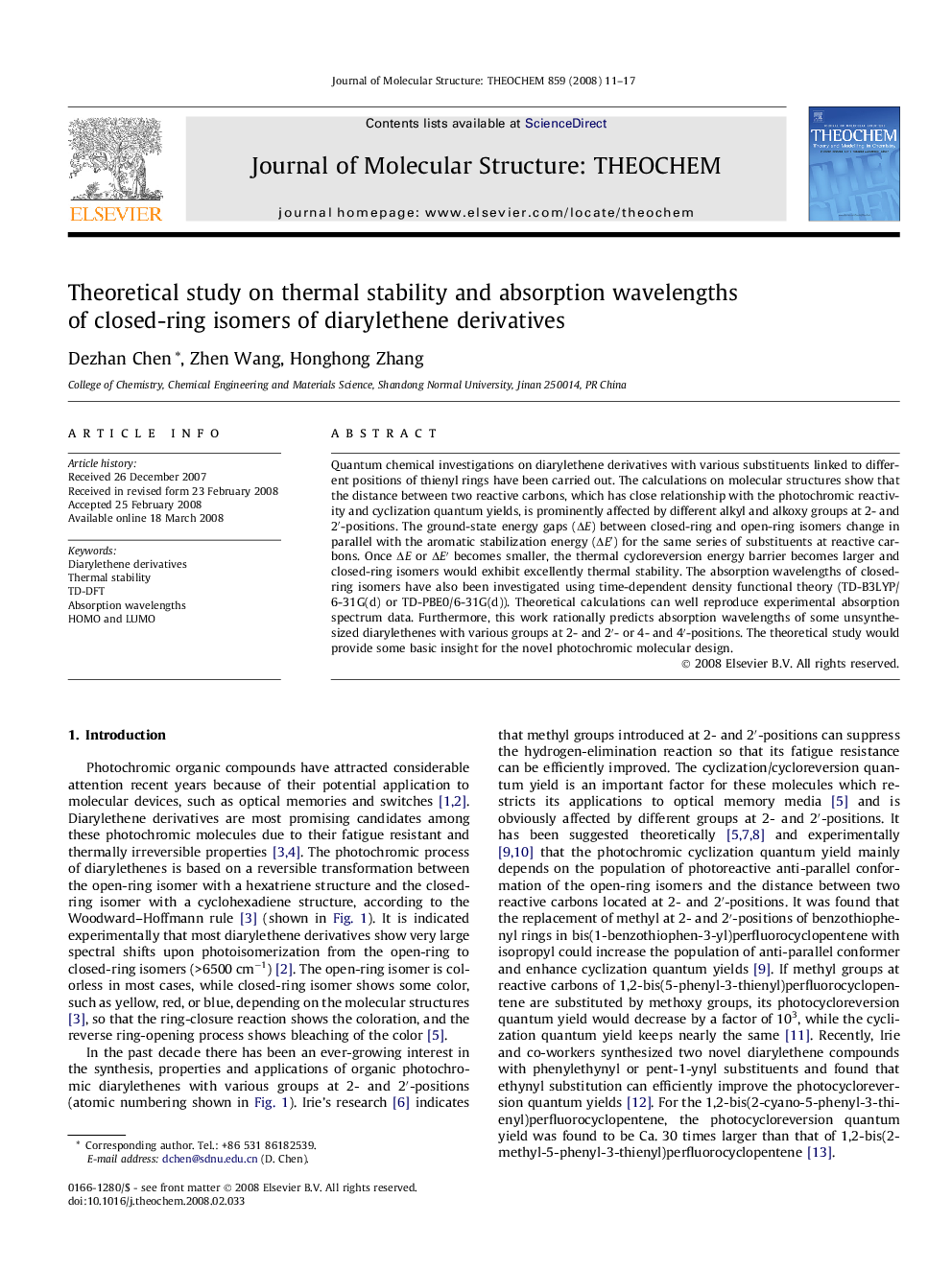 Theoretical study on thermal stability and absorption wavelengths of closed-ring isomers of diarylethene derivatives