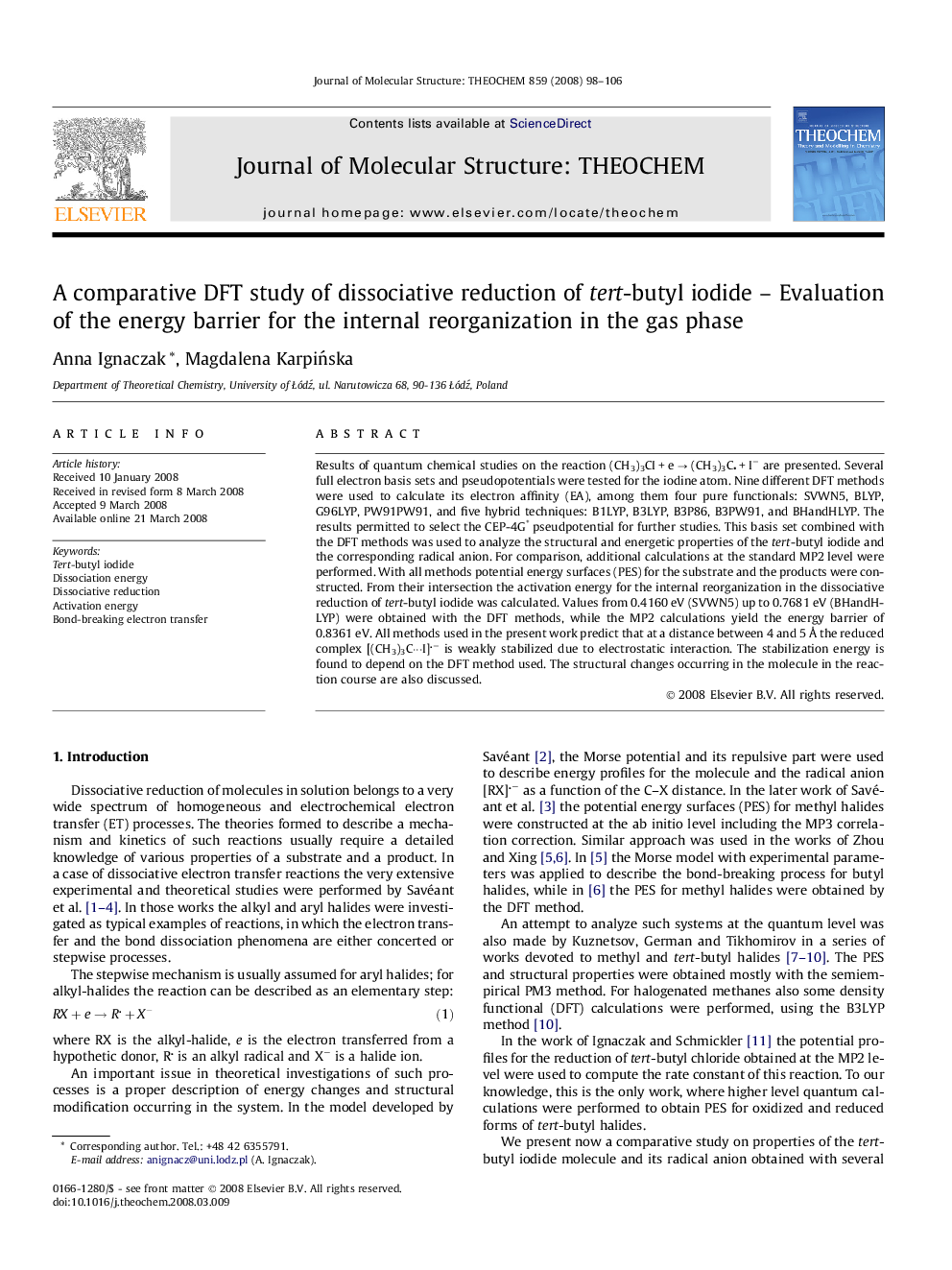 A comparative DFT study of dissociative reduction of tert-butyl iodide - Evaluation of the energy barrier for the internal reorganization in the gas phase