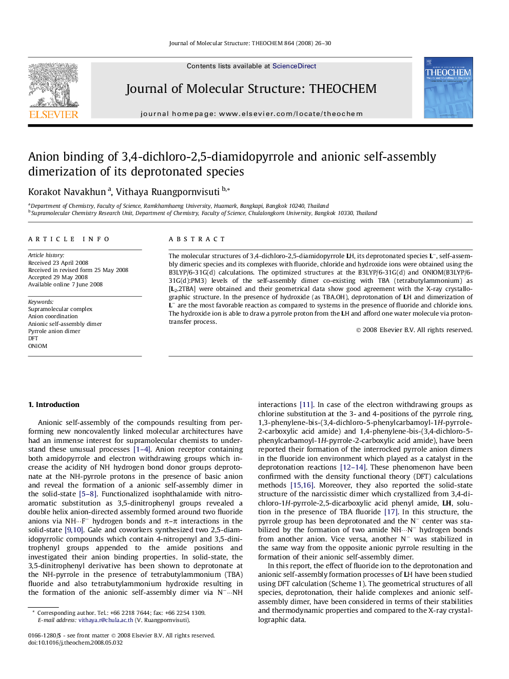 Anion binding of 3,4-dichloro-2,5-diamidopyrrole and anionic self-assembly dimerization of its deprotonated species