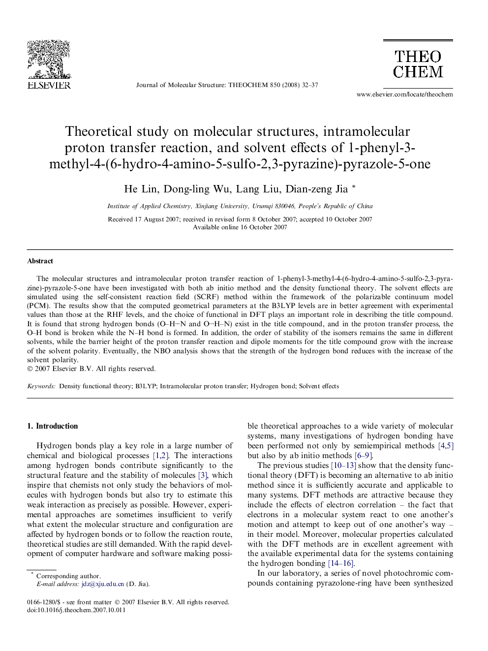 Theoretical study on molecular structures, intramolecular proton transfer reaction, and solvent effects of 1-phenyl-3-methyl-4-(6-hydro-4-amino-5-sulfo-2,3-pyrazine)-pyrazole-5-one