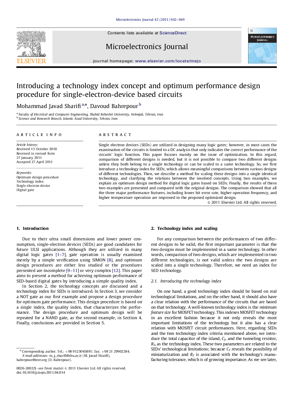 عکس صفحه اول مقاله: Introducing a technology index concept and optimum performance design procedure for single-electron-device based circuits Introducing a technology index concept and optimum performance design procedure for single-electron-device based circuits
