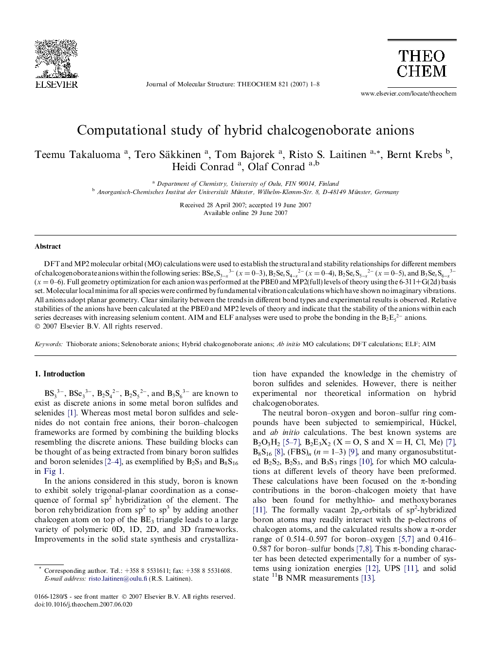 Computational study of hybrid chalcogenoborate anions