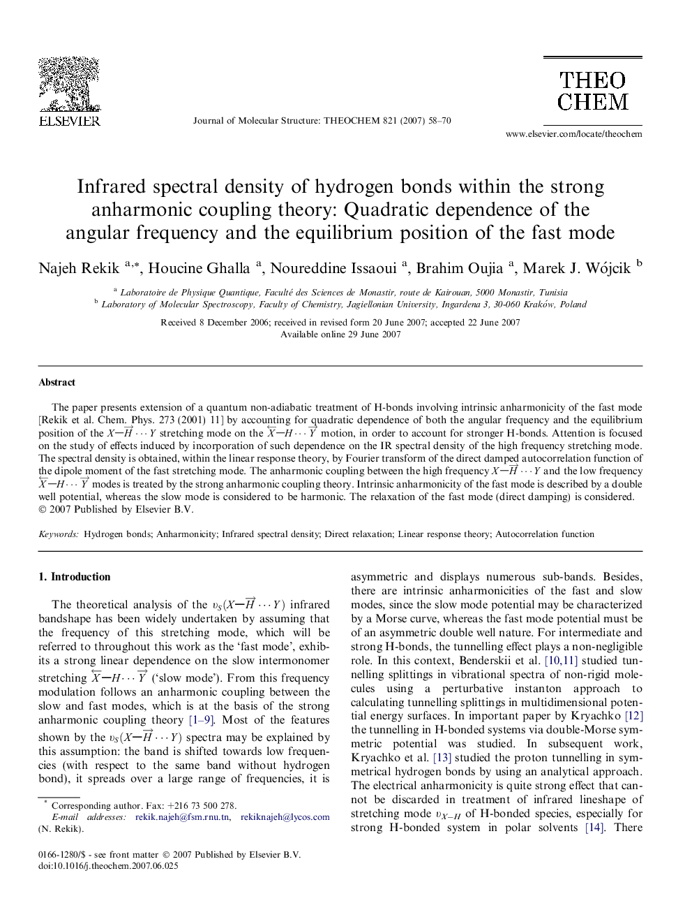 Infrared spectral density of hydrogen bonds within the strong anharmonic coupling theory: Quadratic dependence of the angular frequency and the equilibrium position of the fast mode