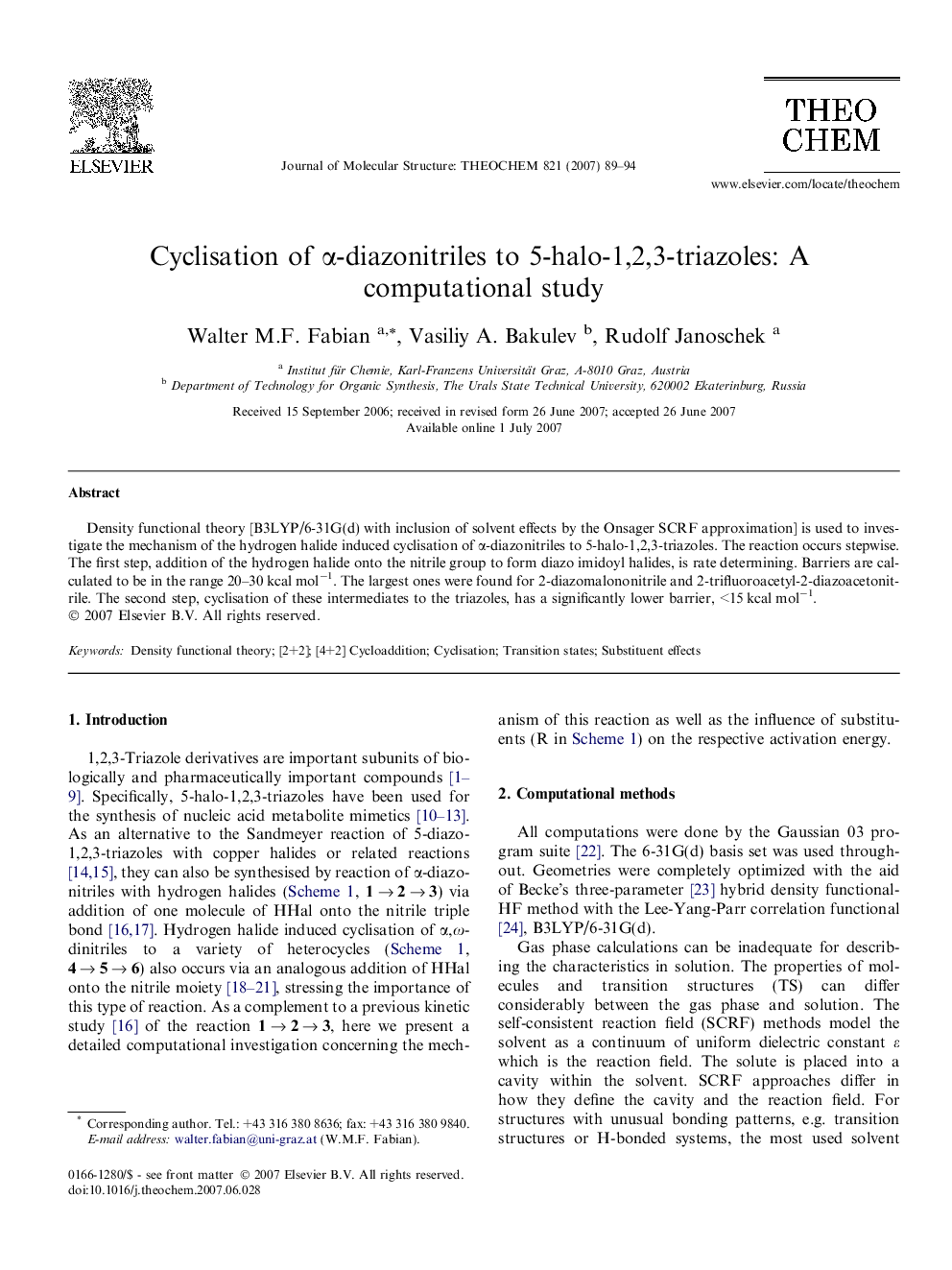 Cyclisation of Î±-diazonitriles to 5-halo-1,2,3-triazoles: A computational study