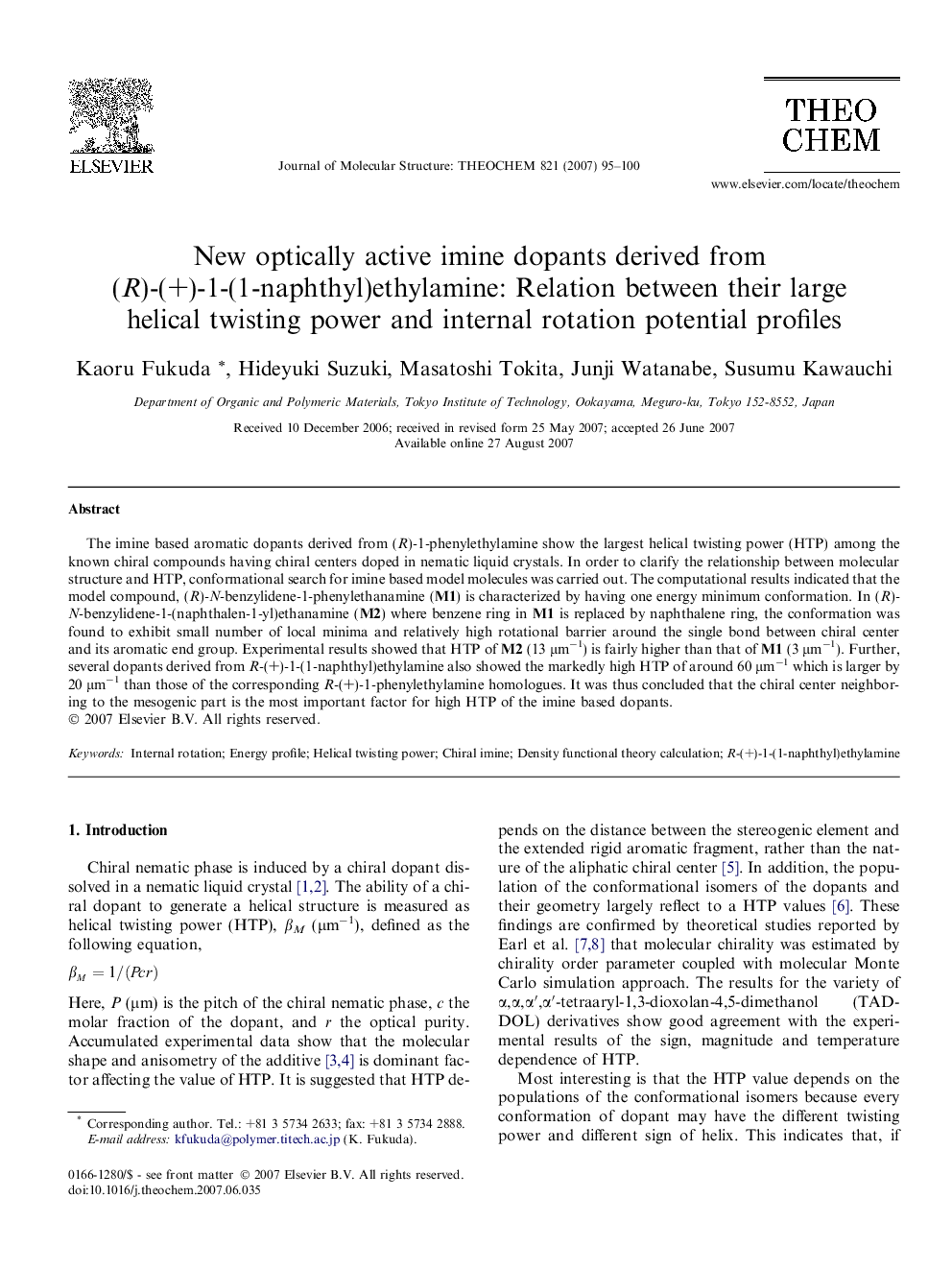 New optically active imine dopants derived from (R)-(+)-1-(1-naphthyl)ethylamine: Relation between their large helical twisting power and internal rotation potential profiles