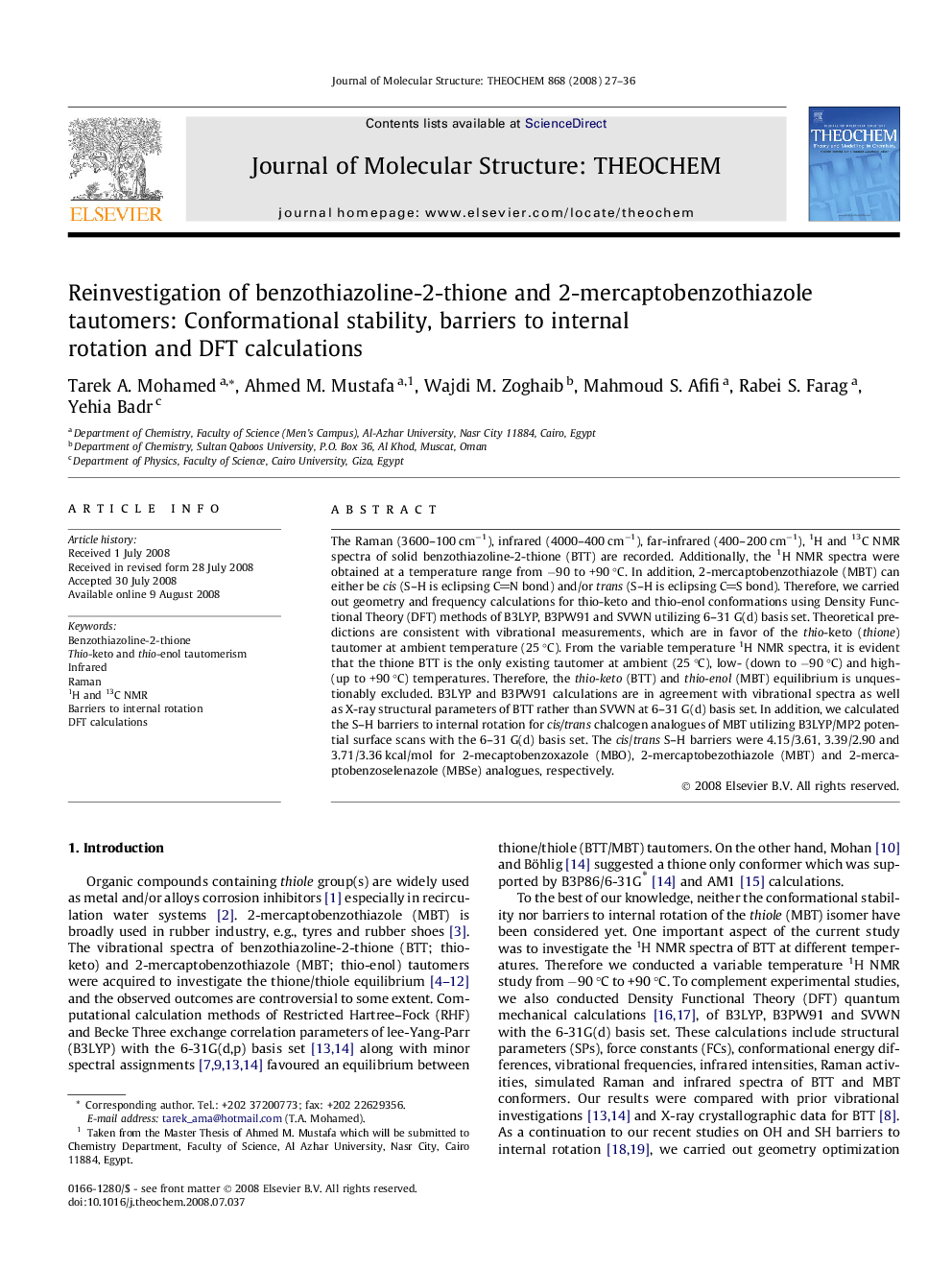 Reinvestigation of benzothiazoline-2-thione and 2-mercaptobenzothiazole tautomers: Conformational stability, barriers to internal rotation and DFT calculations