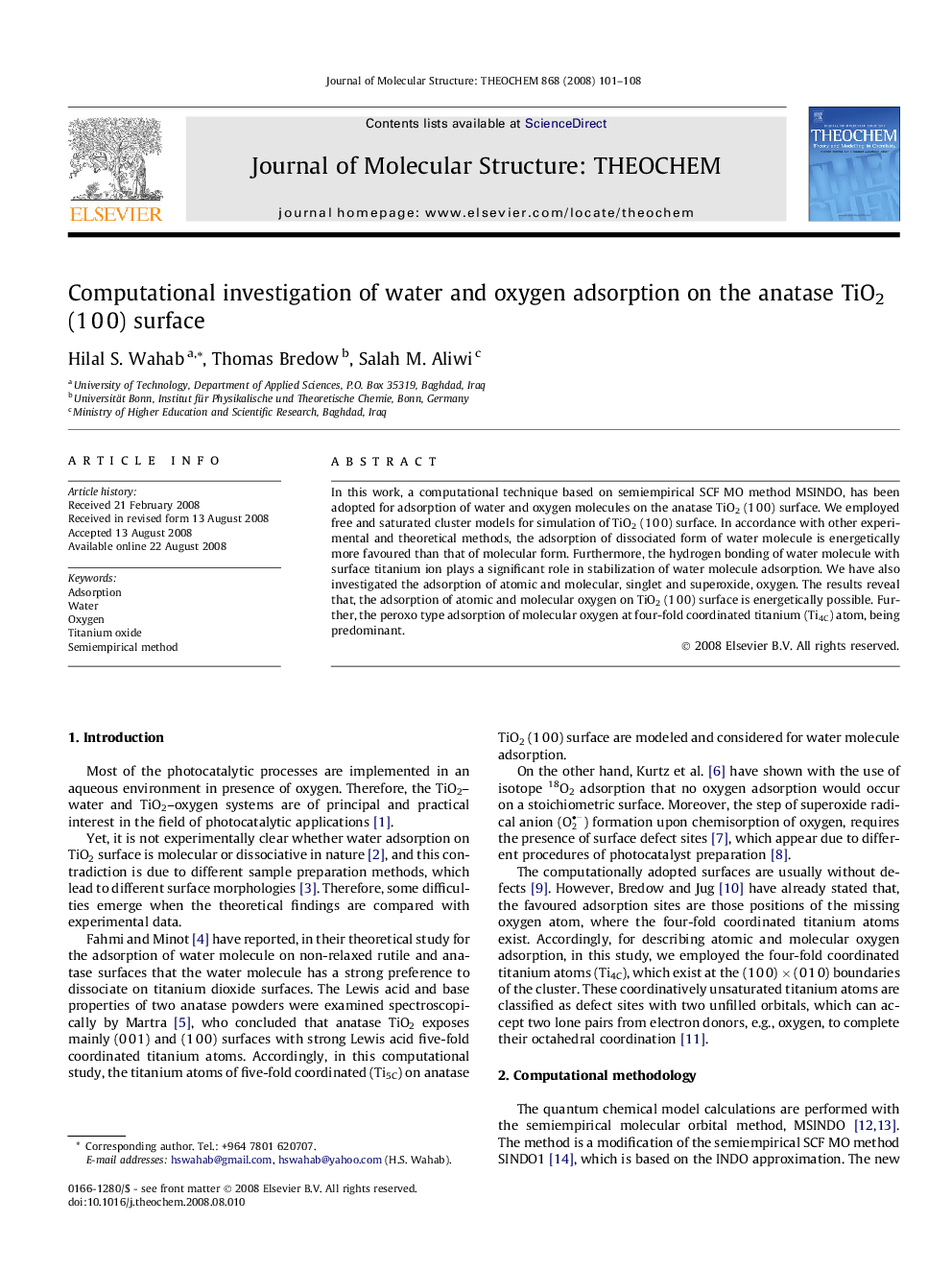 Computational investigation of water and oxygen adsorption on the anatase TiO2 (1Â 0Â 0) surface