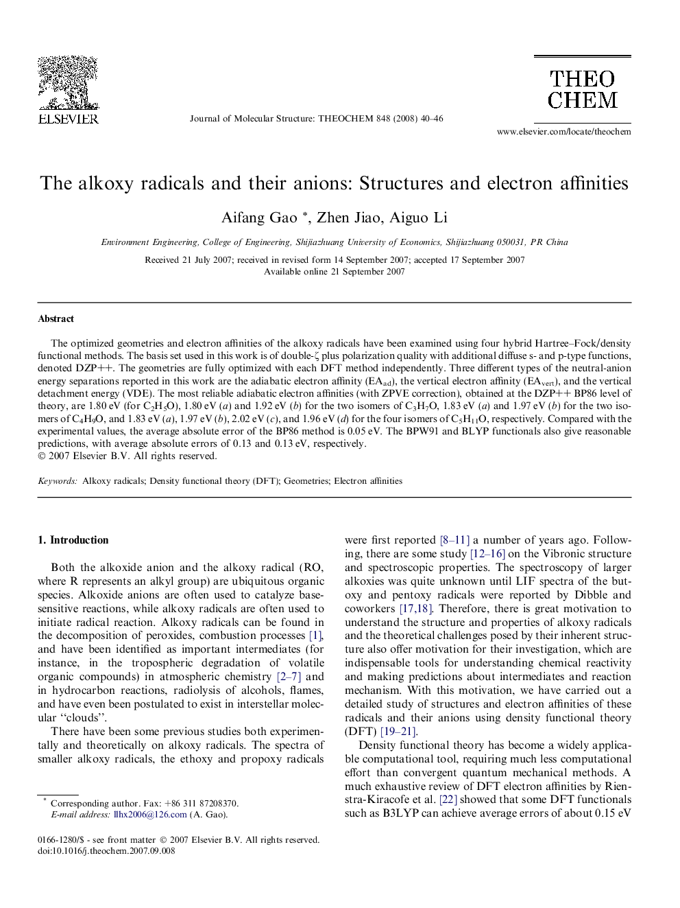 The alkoxy radicals and their anions: Structures and electron affinities