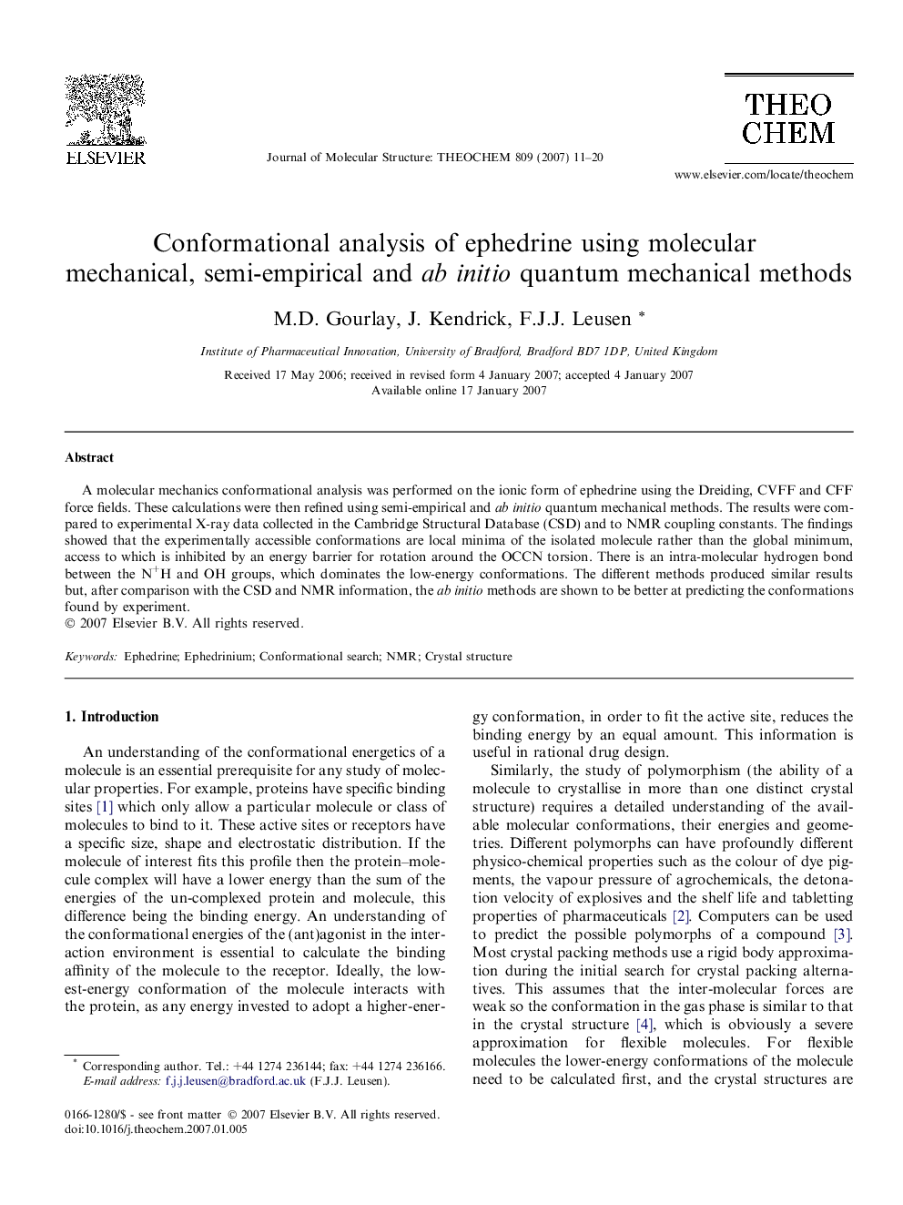 Conformational analysis of ephedrine using molecular mechanical, semi-empirical and ab initio quantum mechanical methods