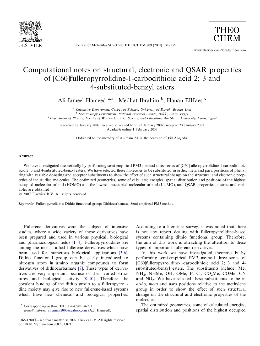 Computational notes on structural, electronic and QSAR properties of [C60]fulleropyrrolidine-1-carbodithioic acid 2; 3 and 4-substituted-benzyl esters