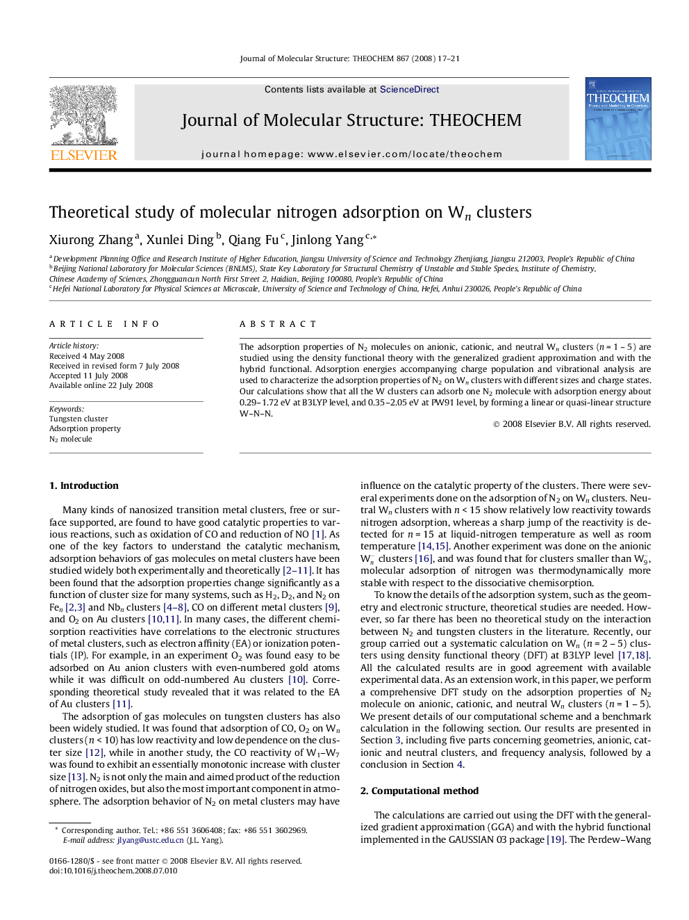 Theoretical study of molecular nitrogen adsorption on Wn clusters