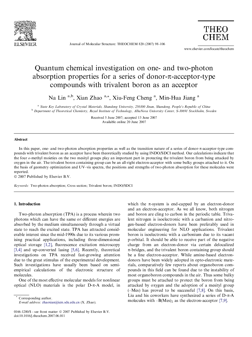 Quantum chemical investigation on one- and two-photon absorption properties for a series of donor-Ï-acceptor-type compounds with trivalent boron as an acceptor