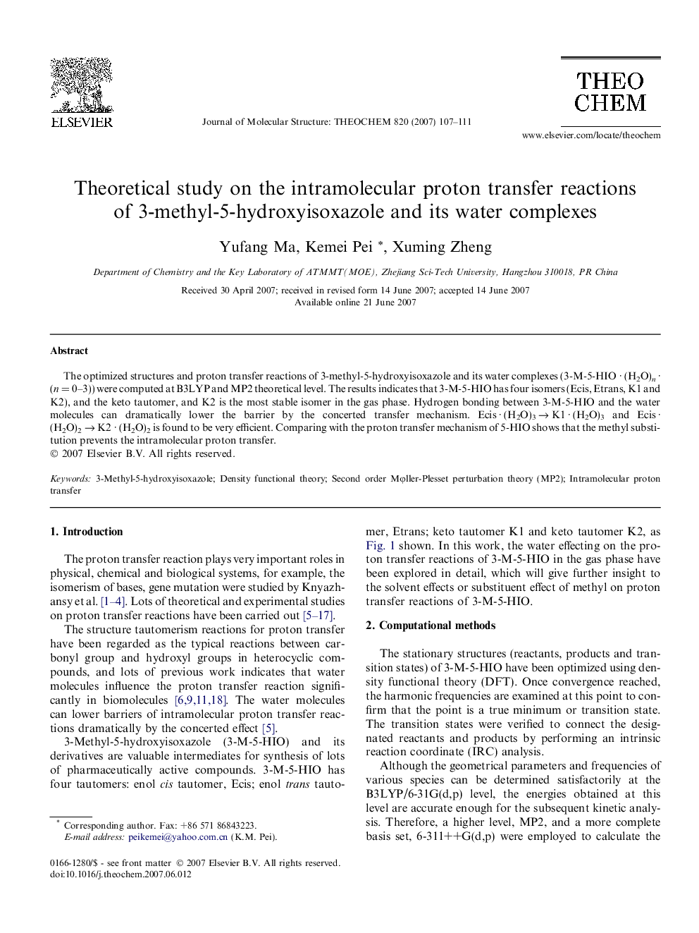 Theoretical study on the intramolecular proton transfer reactions of 3-methyl-5-hydroxyisoxazole and its water complexes