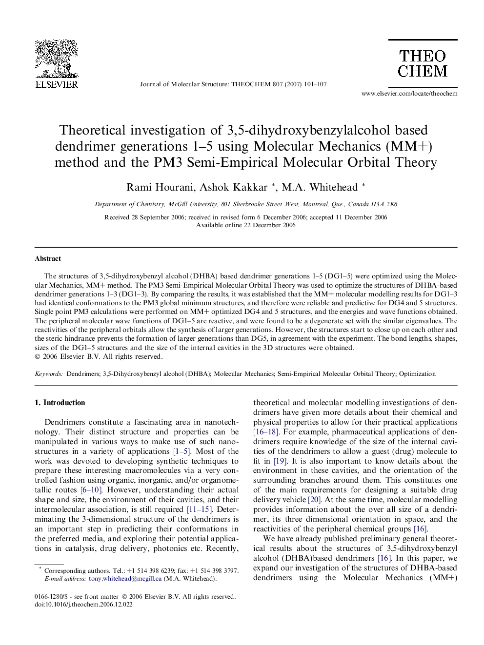 Theoretical investigation of 3,5-dihydroxybenzylalcohol based dendrimer generations 1-5 using Molecular Mechanics (MM+) method and the PM3 Semi-Empirical Molecular Orbital Theory