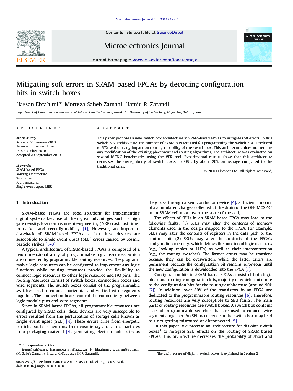Mitigating soft errors in SRAM-based FPGAs by decoding configuration bits in switch boxes