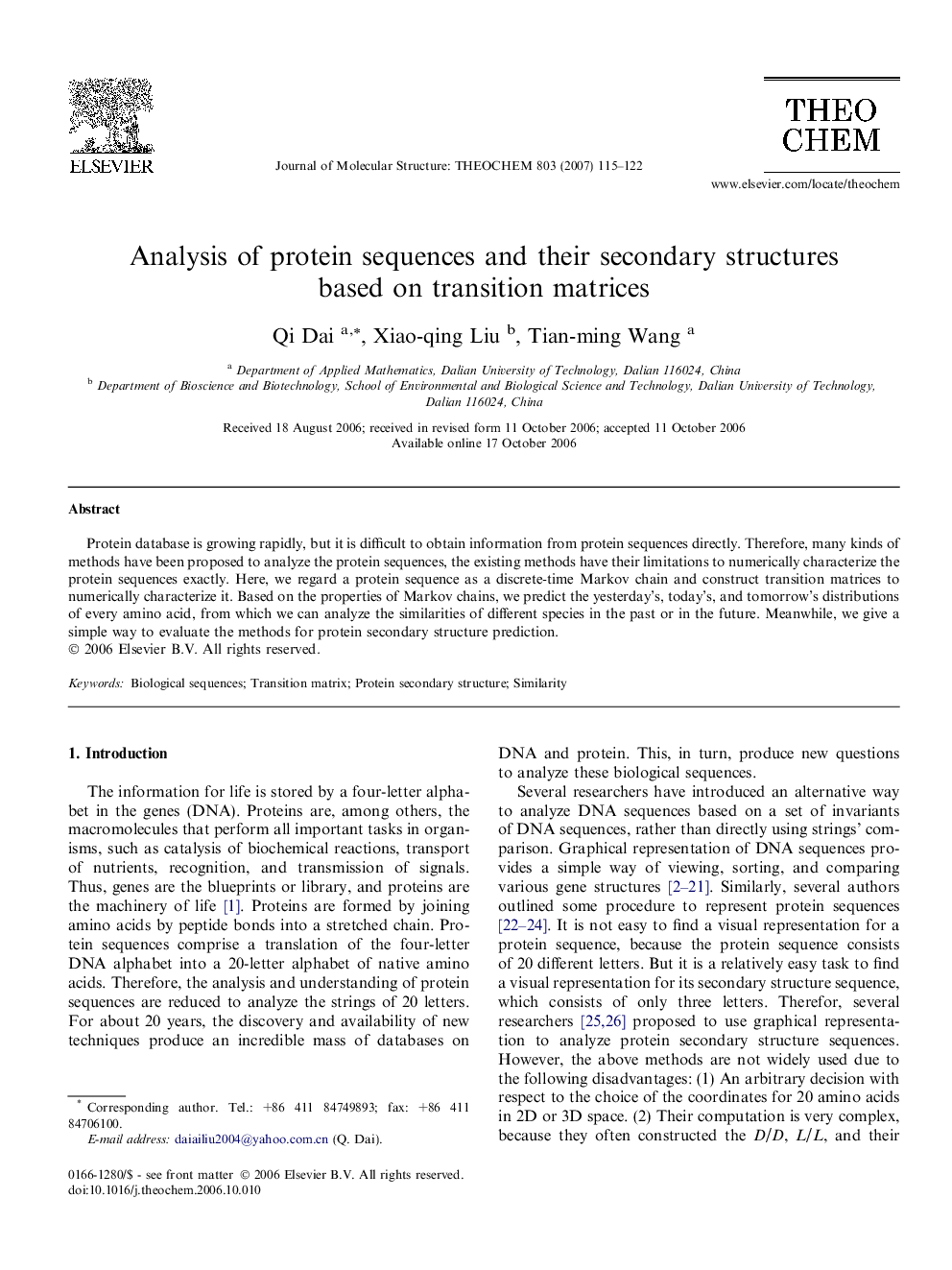 Analysis of protein sequences and their secondary structures based on transition matrices