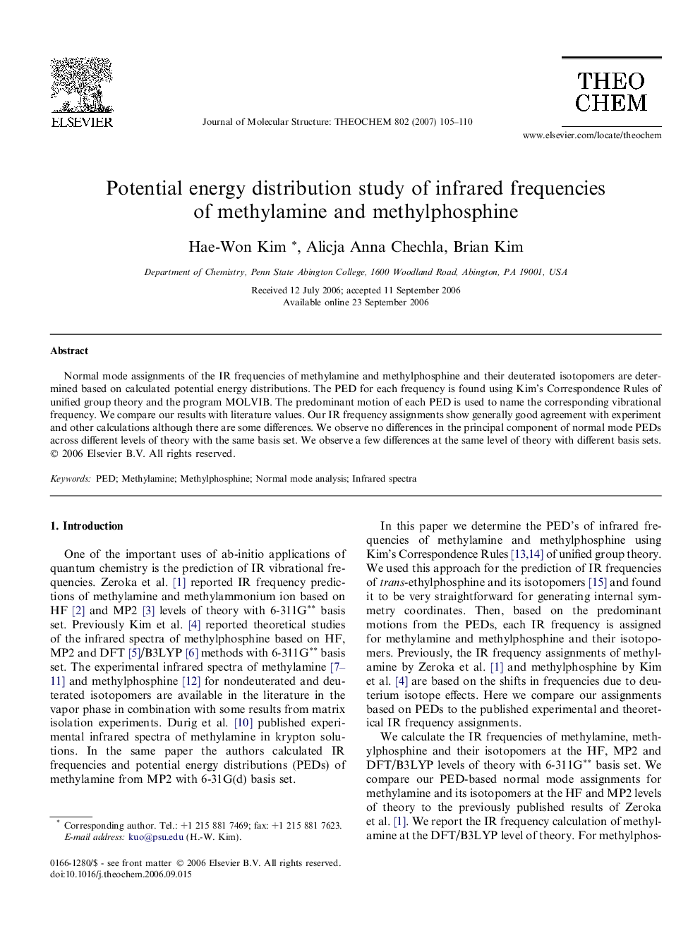 Potential energy distribution study of infrared frequencies of methylamine and methylphosphine