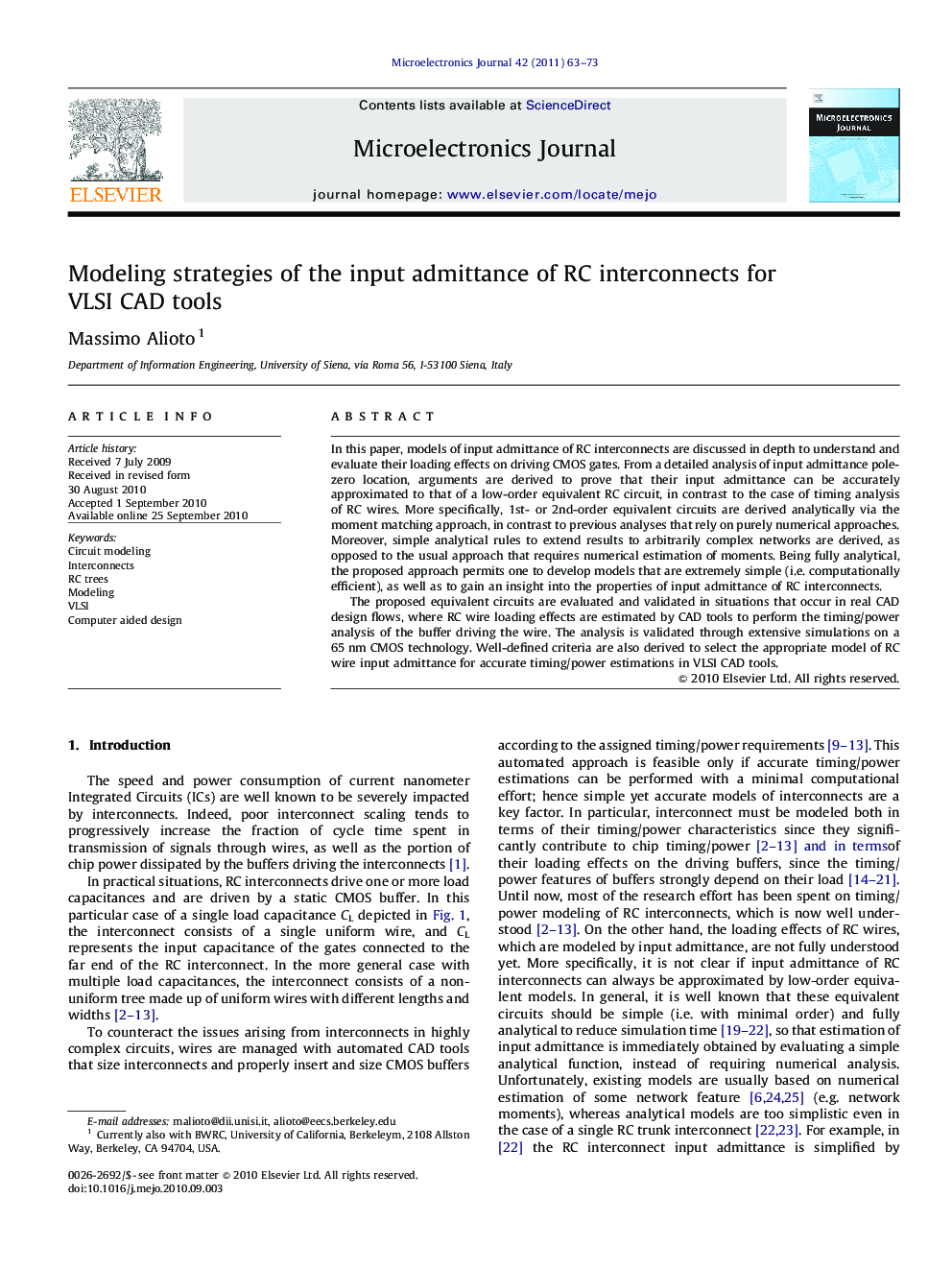 Modeling strategies of the input admittance of RC interconnects for VLSI CAD tools