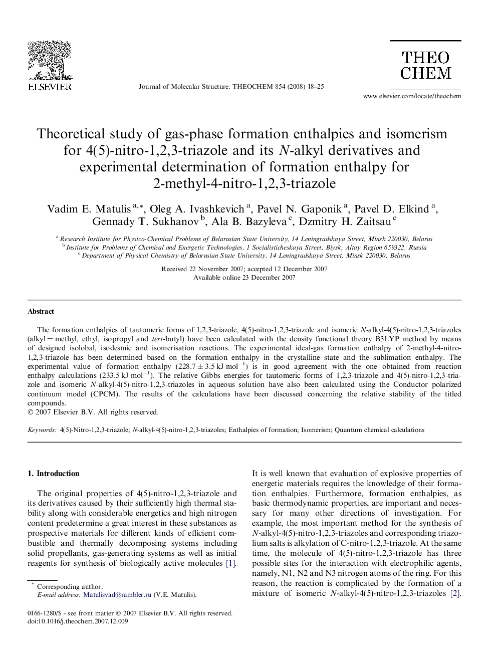 Theoretical study of gas-phase formation enthalpies and isomerism for 4(5)-nitro-1,2,3-triazole and its N-alkyl derivatives and experimental determination of formation enthalpy for 2-methyl-4-nitro-1,2,3-triazole