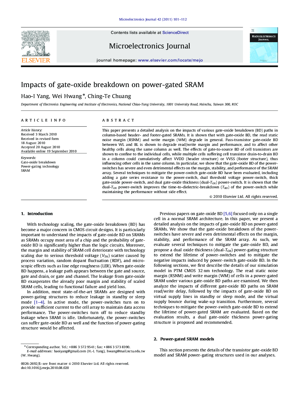 Impacts of gate-oxide breakdown on power-gated SRAM