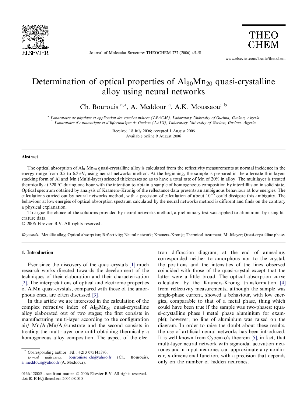 Determination of optical properties of Al80Mn20 quasi-crystalline alloy using neural networks