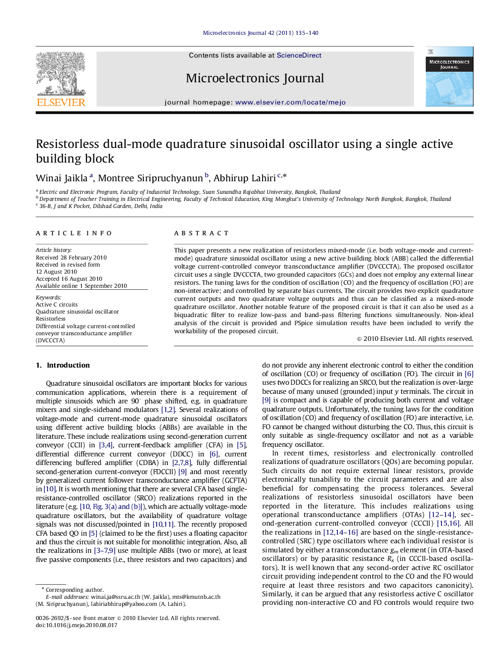 عکس صفحه اول مقاله: Resistorless dual-mode quadrature sinusoidal oscillator using a single active building block Resistorless dual-mode quadrature sinusoidal oscillator using a single active building block