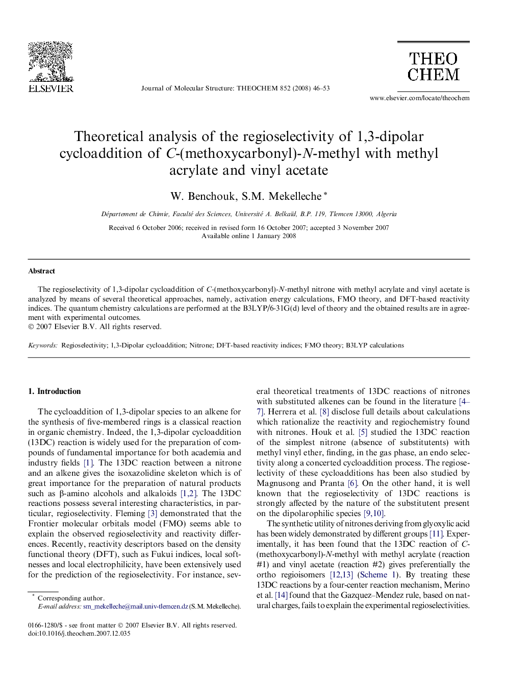 Theoretical analysis of the regioselectivity of 1,3-dipolar cycloaddition of C-(methoxycarbonyl)-N-methyl with methyl acrylate and vinyl acetate