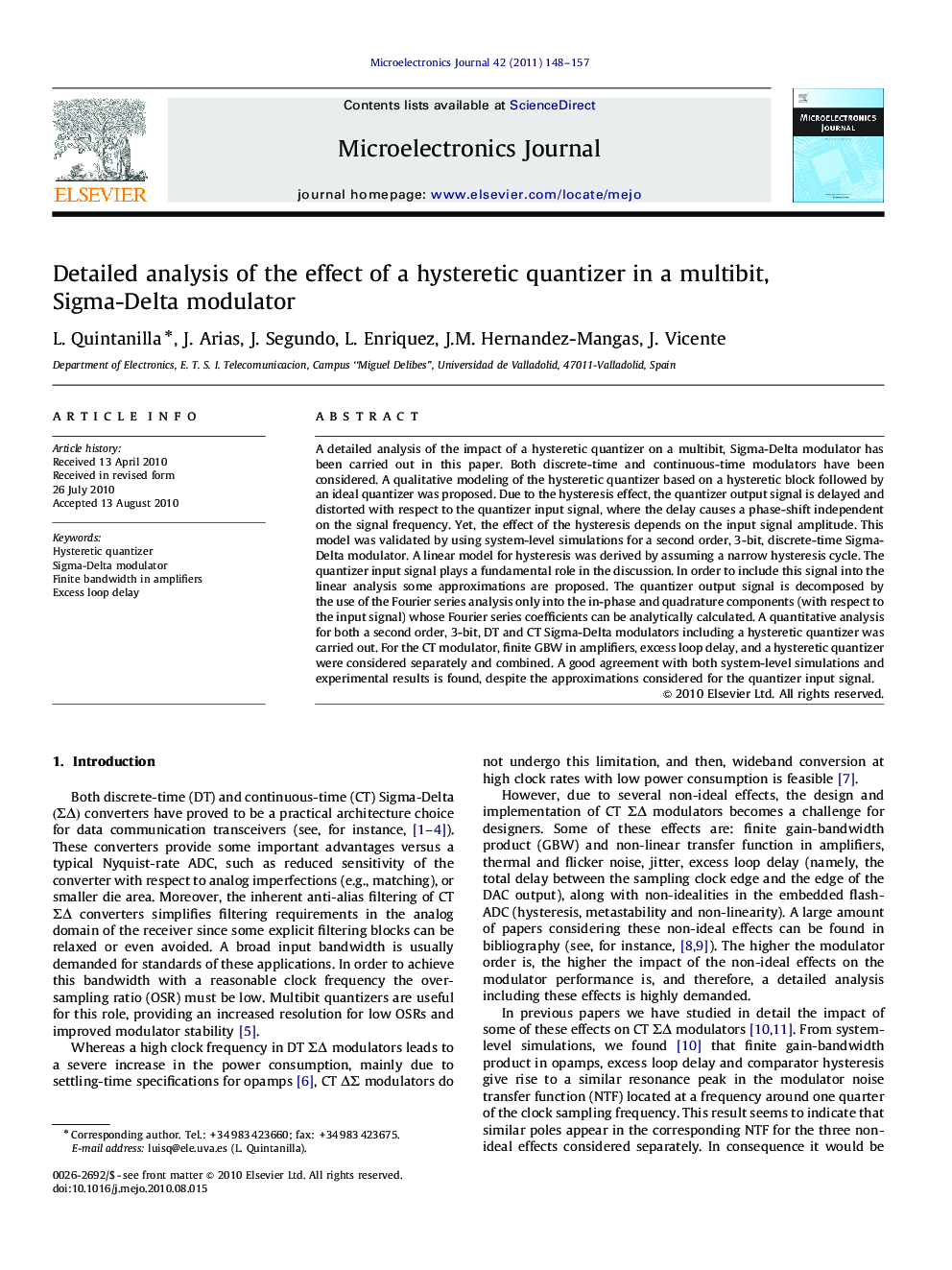 Detailed analysis of the effect of a hysteretic quantizer in a multibit, Sigma-Delta modulator