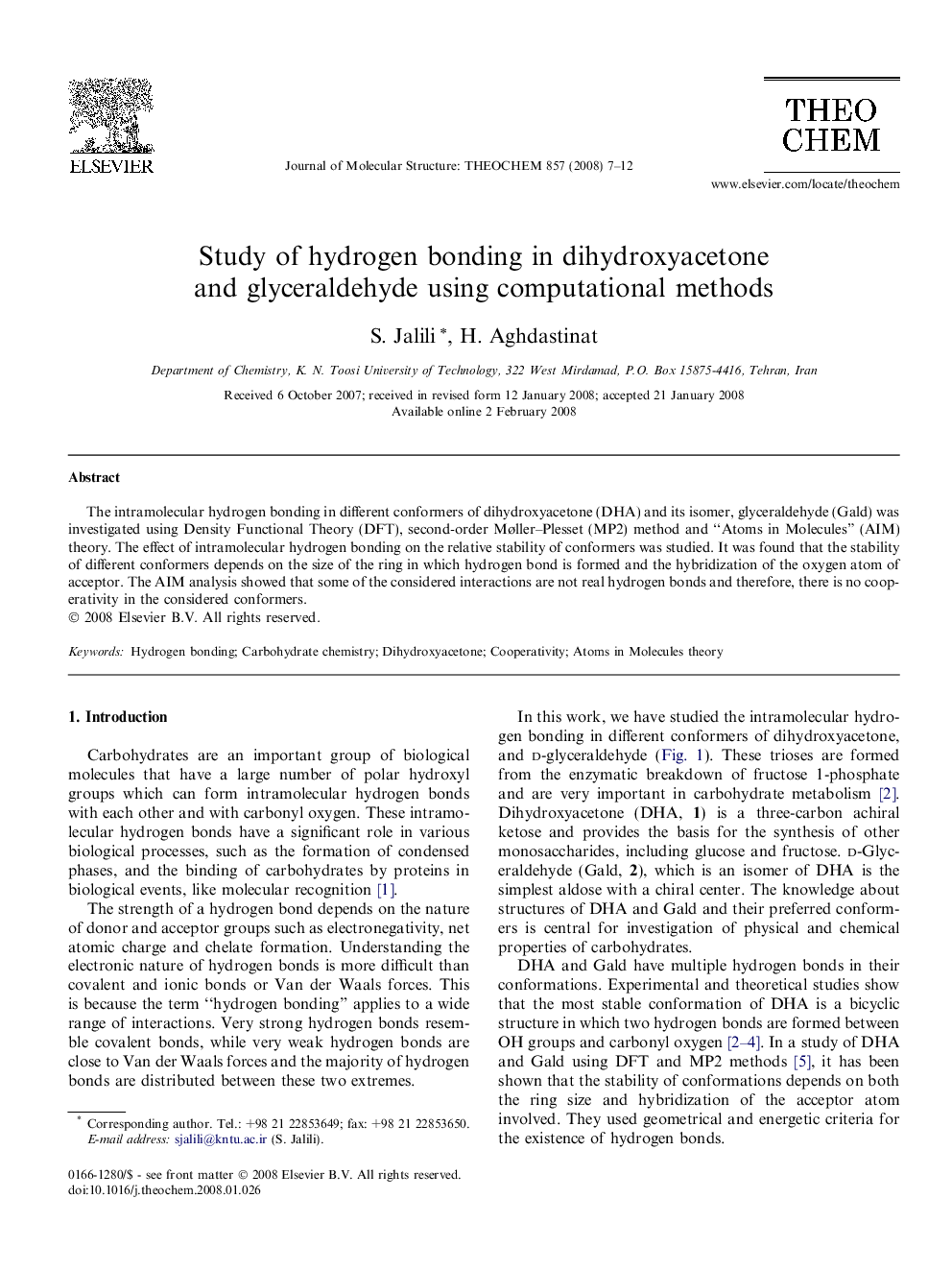 Study of hydrogen bonding in dihydroxyacetone and glyceraldehyde using computational methods