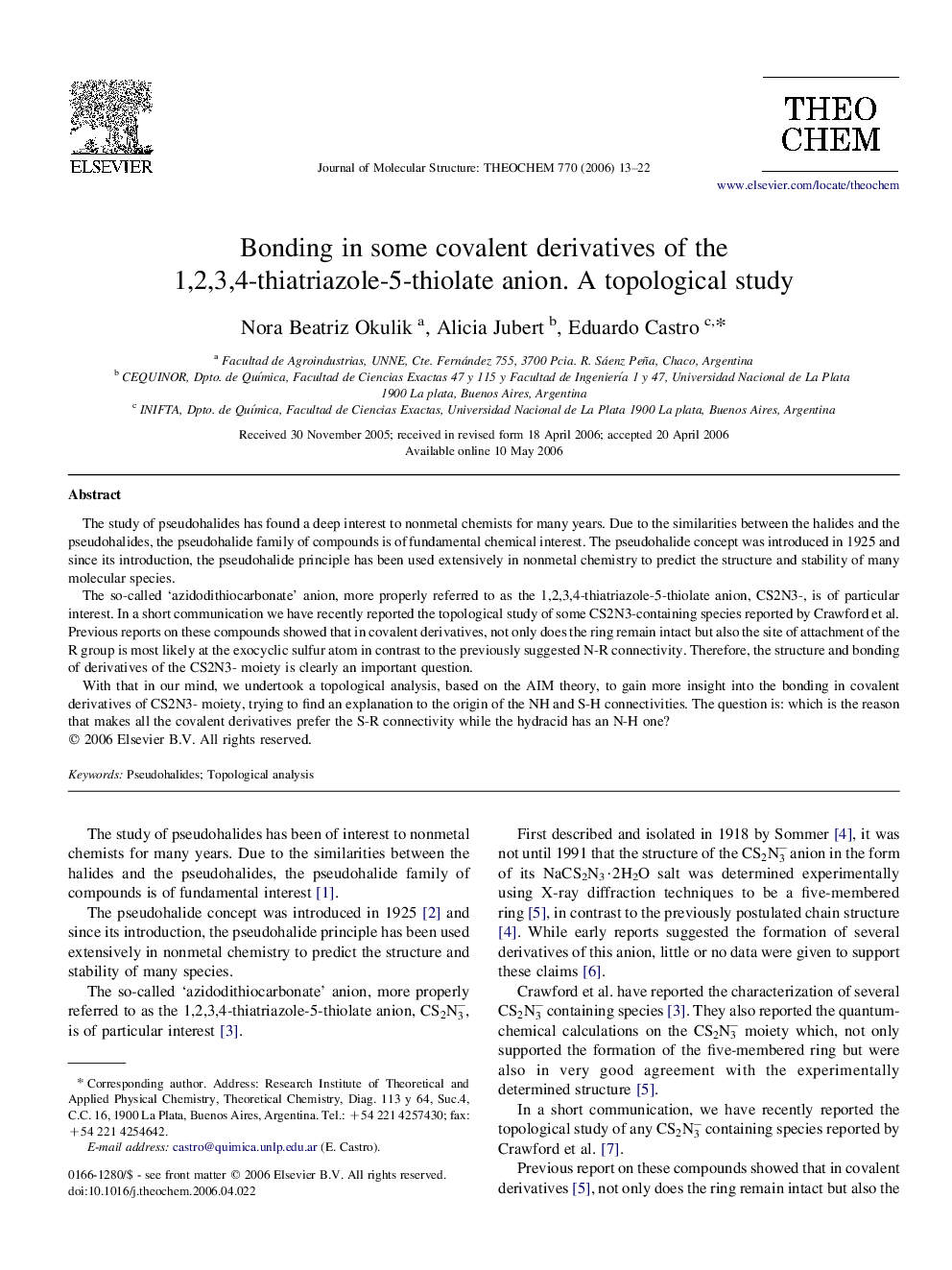 Bonding in some covalent derivatives of the 1,2,3,4-thiatriazole-5-thiolate anion. A topological study