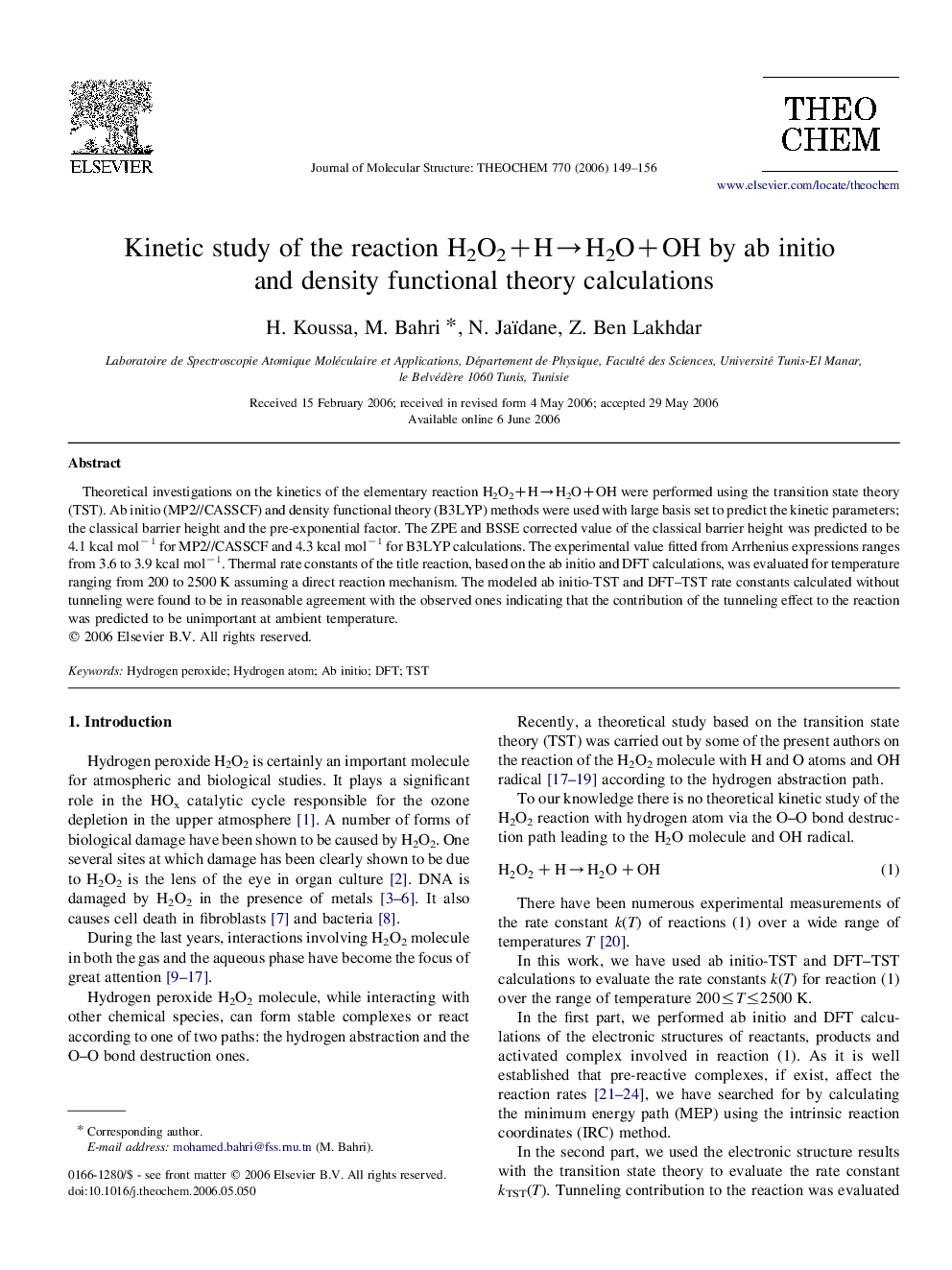 Kinetic study of the reaction H2O2+HâH2O+OH by ab initio and density functional theory calculations