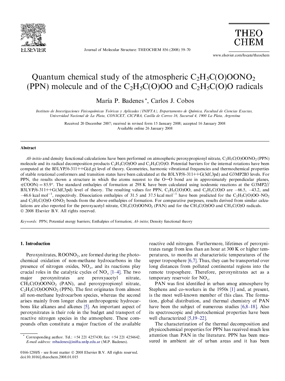 Quantum chemical study of the atmospheric C2H5C(O)OONO2 (PPN) molecule and of the C2H5C(O)OO and C2H5C(O)O radicals