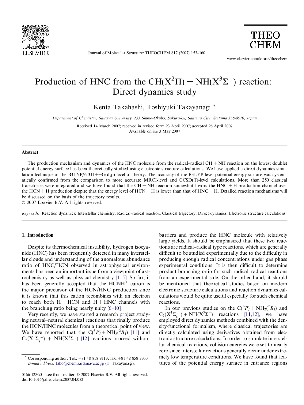 Production of HNC from the CH(X2Î )Â +Â NH(X3Î£â) reaction: Direct dynamics study