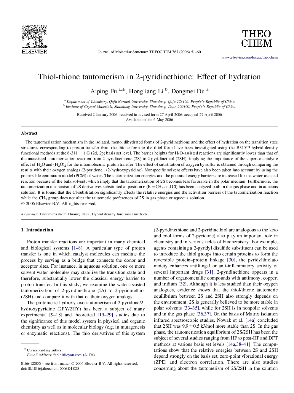 Thiol-thione tautomerism in 2-pyridinethione: Effect of hydration