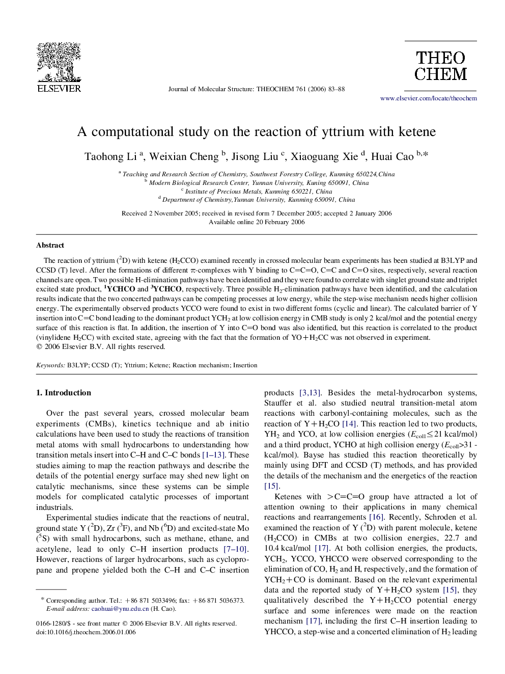 A computational study on the reaction of yttrium with ketene