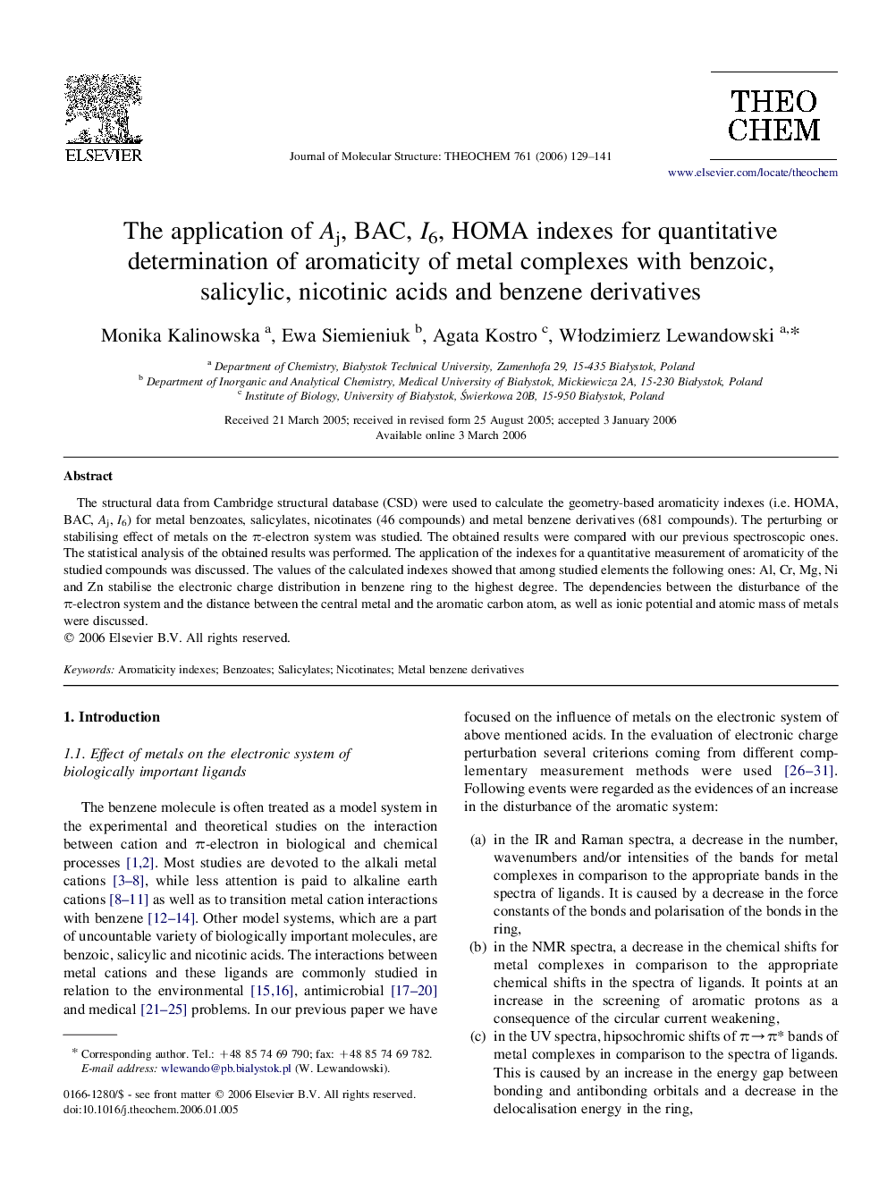 The application of Aj, BAC, I6, HOMA indexes for quantitative determination of aromaticity of metal complexes with benzoic, salicylic, nicotinic acids and benzene derivatives