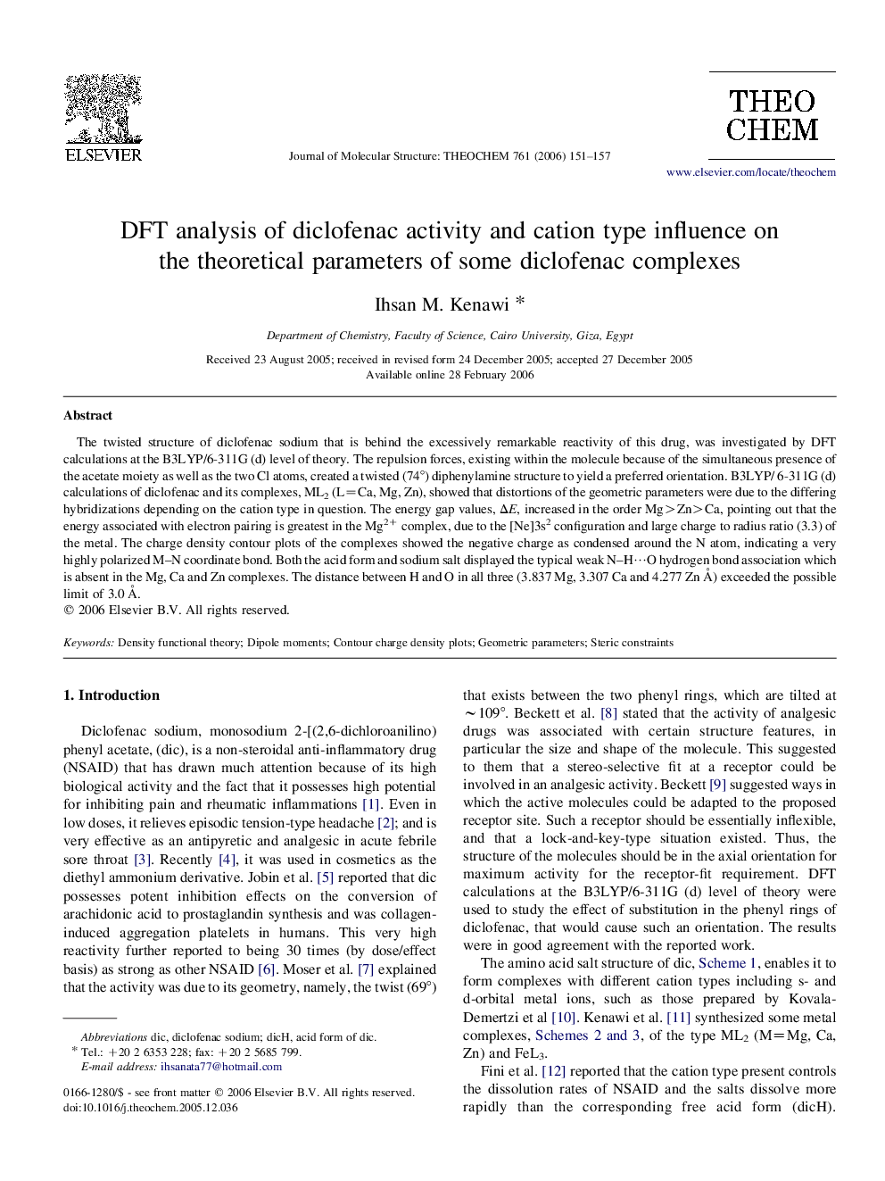 DFT analysis of diclofenac activity and cation type influence on the theoretical parameters of some diclofenac complexes