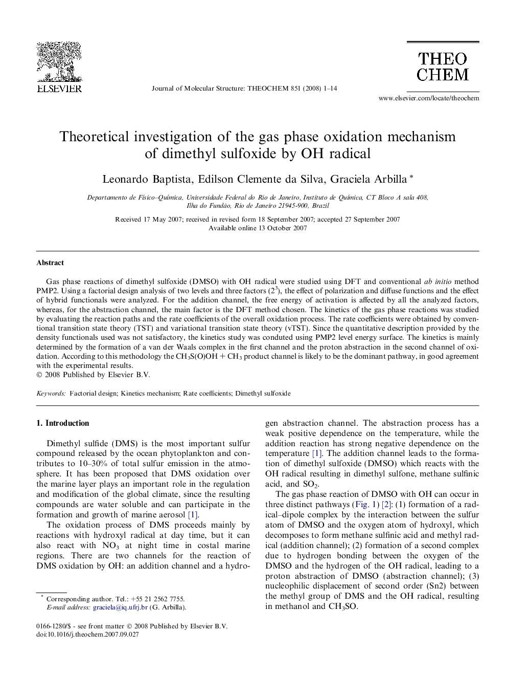 Theoretical investigation of the gas phase oxidation mechanism of dimethyl sulfoxide by OH radical