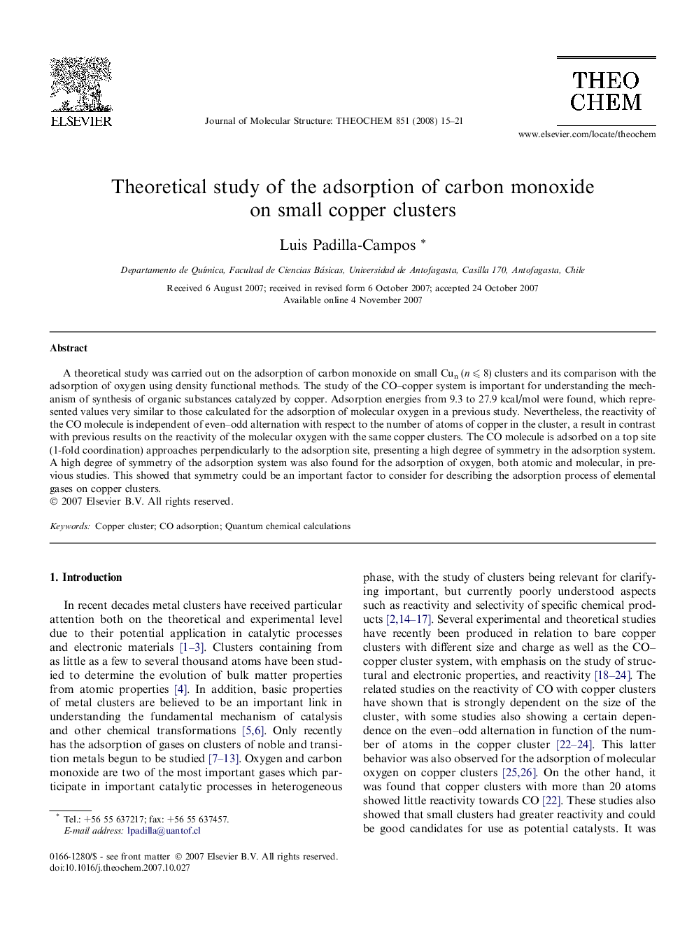 Theoretical study of the adsorption of carbon monoxide on small copper clusters