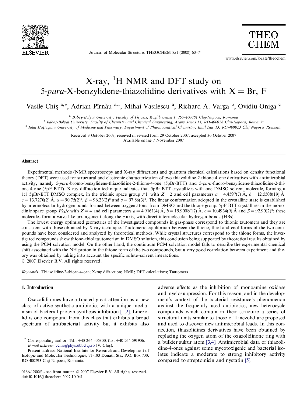 X-ray, 1H NMR and DFT study on 5-para-X-benzylidene-thiazolidine derivatives with XÂ =Â Br, F