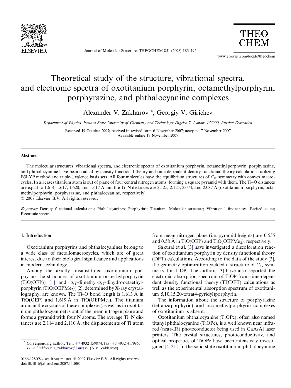 Theoretical study of the structure, vibrational spectra, and electronic spectra of oxotitanium porphyrin, octamethylporphyrin, porphyrazine, and phthalocyanine complexes