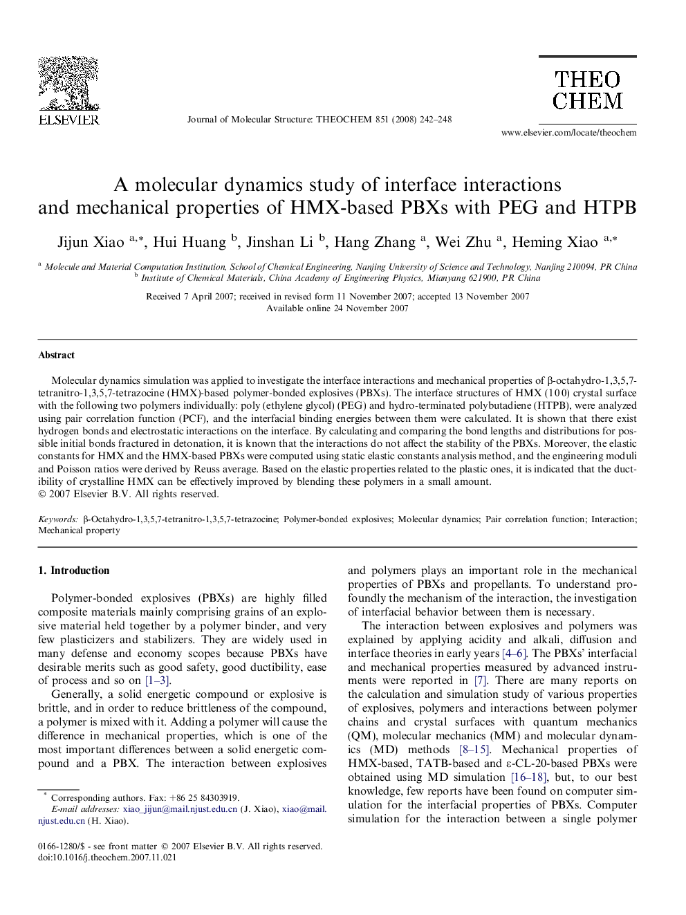 A molecular dynamics study of interface interactions and mechanical properties of HMX-based PBXs with PEG and HTPB