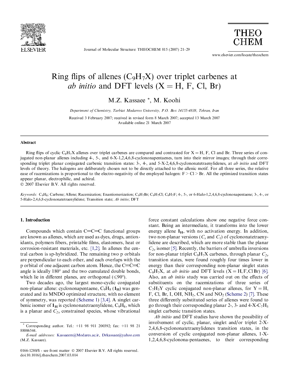 Ring flips of allenes (C9H7X) over triplet carbenes at ab initio and DFT levels (XÂ =Â H, F, Cl, Br)