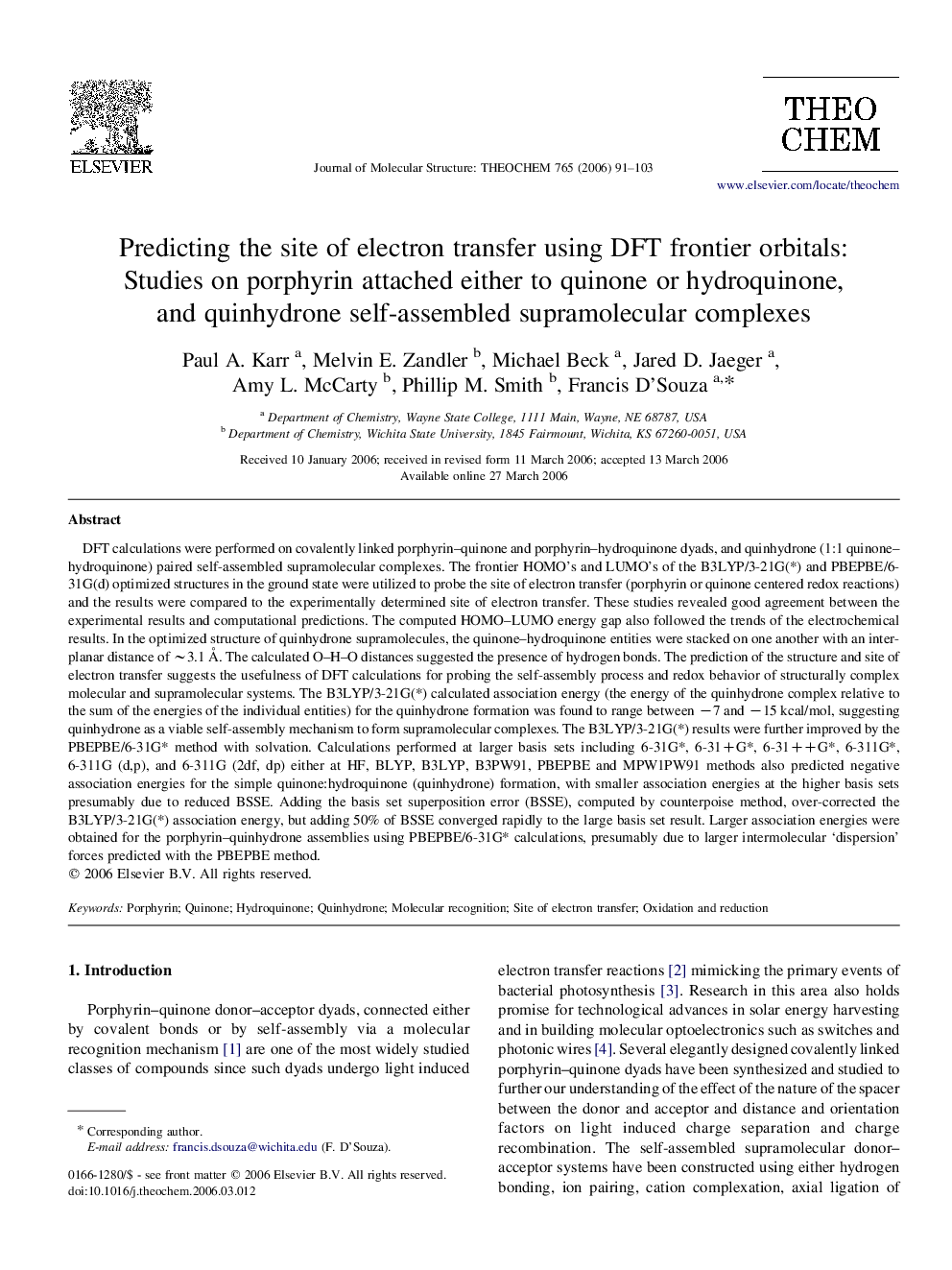 Predicting the site of electron transfer using DFT frontier orbitals: Studies on porphyrin attached either to quinone or hydroquinone, and quinhydrone self-assembled supramolecular complexes