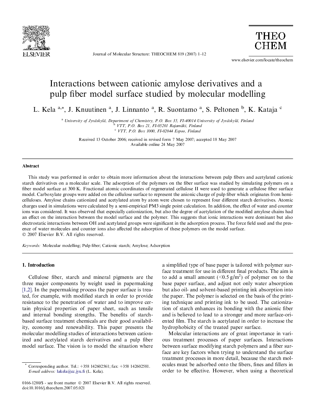 Interactions between cationic amylose derivatives and a pulp fiber model surface studied by molecular modelling